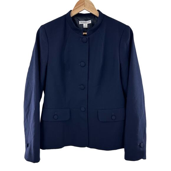 Pendleton‎ Blazer Jacket Sz 12 FLAW Navy Virgin Wool Blade Collar Fabric Buttons - Picture 1 of 10